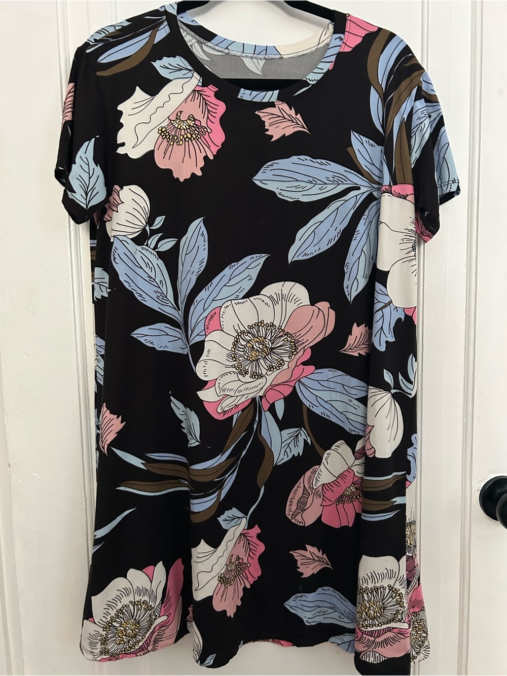 Black Floral Short-Sleeve Dress with Pink, white & Blue Blooms
